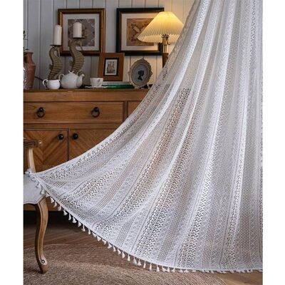 NOBRAND Rideaux bohèmes panneaux de rideaux en dentelle vintage à pompons 150 cm x 220 cm blanc Blanc - Publicité NOBRAND Rideaux bohèmes panneaux de rideaux en dentelle vintage à pompons 150 cm x 220 cm blanc Blanc - Publicité