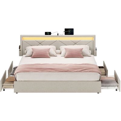 Lit double - VASAGLE - LED intégrée - 4 tiroirs - Beige cappuccino Beige - Publicité Lit double - VASAGLE - LED intégrée - 4 tiroirs - Beige cappuccino Beige - Publicité