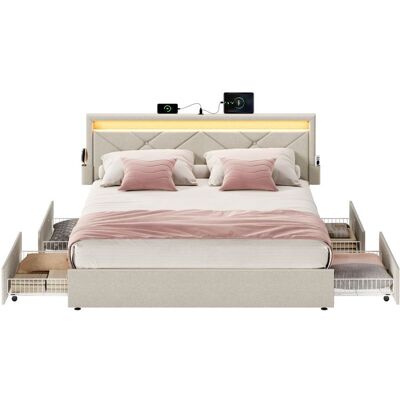Lit double - VASAGLE - LED intégrée - 4 tiroirs - Beige cappuccino - Tête ajustable Beige - Publicité Lit double - VASAGLE - LED intégrée - 4 tiroirs - Beige cappuccino - Tête ajustable Beige - Publicité