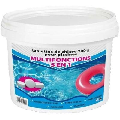 Chlore multifonctions - BSI - 5 en 1 - Action longue durée - Dissolution lente - Idéal pour piscine et spa - Galets 200g - 5kg Blanc - Publicité Chlore multifonctions - BSI - 5 en 1 - Action longue durée - Dissolution lente - Idéal pour piscine et spa - Galets 200g - 5kg Blanc - Publicité