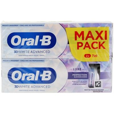 Oral-B 3D White Advanced Luxe Perfection Dentifrice Blancheur Avancée 2 x 75 ml - Publicité Oral-B 3D White Advanced Luxe Perfection Dentifrice Blancheur Avancée 2 x 75 ml - Publicité