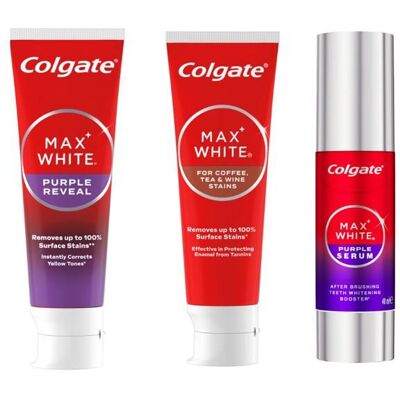 Colgate - Dentifrice Purple Toner - 40ml - Dentifrice Max White Café & Violet 75ml Violet - Publicité Colgate - Dentifrice Purple Toner - 40ml - Dentifrice Max White Café & Violet 75ml Violet - Publicité