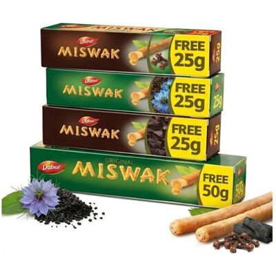 Lot 4 Dentifrices Dabur Miswak Siwak Naturel - Charbon Nigelle Clou Girofle & Original – Blancheur & Gencives – Format Économique - Publicité Lot 4 Dentifrices Dabur Miswak Siwak Naturel - Charbon Nigelle Clou Girofle & Original – Blancheur & Gencives – Format Économique - Publicité