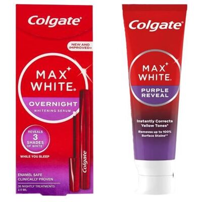 Colgate - Pack Sérum Blancheur - Sérum blancheur Max White - 2 5ml - Dentifrice Purple Reveal 75ml - Publicité Colgate - Pack Sérum Blancheur - Sérum blancheur Max White - 2 5ml - Dentifrice Purple Reveal 75ml - Publicité