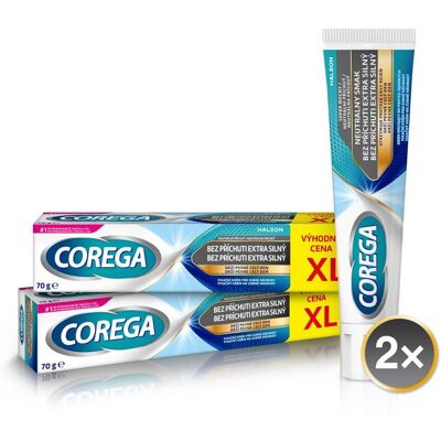 Corega Fixation Extra Forte Sans Goût Crème pour Prothèses - Denture Adhesive - Publicité Corega Fixation Extra Forte Sans Goût Crème pour Prothèses - Denture Adhesive - Publicité