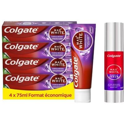 Colgate - Pack Maxwhite - Dentifrice MaxWhite Purple 4x75ml + Purple Sérum Violet - Publicité Colgate - Pack Maxwhite - Dentifrice MaxWhite Purple 4x75ml + Purple Sérum Violet - Publicité