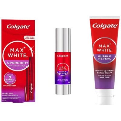 Dentifrice blancheur violet - Colgate - 40ml - Sérum blancheur Max White - 75ml - Correction de couleur immédiate - Publicité Dentifrice blancheur violet - Colgate - 40ml - Sérum blancheur Max White - 75ml - Correction de couleur immédiate - Publicité