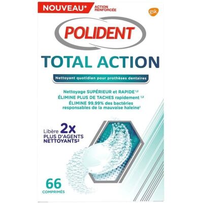 Nettoyant Prothèses Polident Total Action - 66 Comprimés - Publicité Nettoyant Prothèses Polident Total Action - 66 Comprimés - Publicité