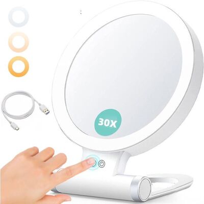 LANGTU miroir grossissant double face 1X/30X3 modes déclairage de couleur miroir à main à intensité variable miroir de voyage portable Blanc - Publicité LANGTU miroir grossissant double face 1X/30X3 modes déclairage de couleur miroir à main à intensité variable miroir de voyage portable Blanc - Publicité