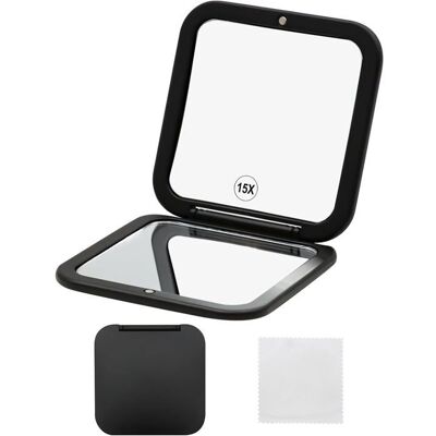 DUSSDOTE Miroir de poche pliable double face 15X/1X carré de 8 cm pour maquillage de précision en voyage (noir) . Publicité DUSSDOTE Miroir de poche pliable double face 15X/1X carré de 8 cm pour maquillage de précision en voyage (noir) . Publicité