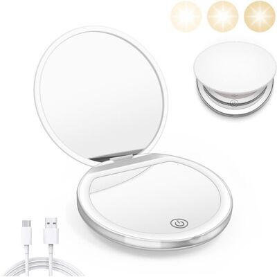 LENTANO Miroir de poche avec anneau lumineux LED câble de chargement USB grossissement x2 réversible pliable blanc ivoire. Publicité LENTANO Miroir de poche avec anneau lumineux LED câble de chargement USB grossissement x2 réversible pliable blanc ivoire. Publicité