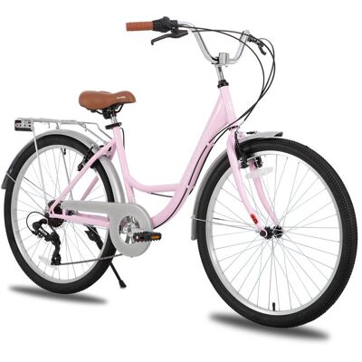 Vélo de ville - HILAND - 26 pouces - Cadre bas - 7 vitesses - Porte-bagages Rose - Publicité Vélo de ville - HILAND - 26 pouces - Cadre bas - 7 vitesses - Porte-bagages Rose - Publicité