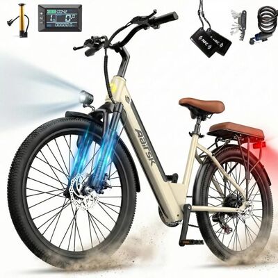 Vélo Électrique 26Batterie amovible 13Ah36V-250W Autonomie 40-60 km Shimano 7 vitesses-Avec des étagères-Lampes doubles-AAIRSK S600 Beige - Publicité Vélo Électrique 26Batterie amovible 13Ah36V-250W Autonomie 40-60 km Shimano 7 vitesses-Avec des étagères-Lampes doubles-AAIRSK S600 Beige - Publicité