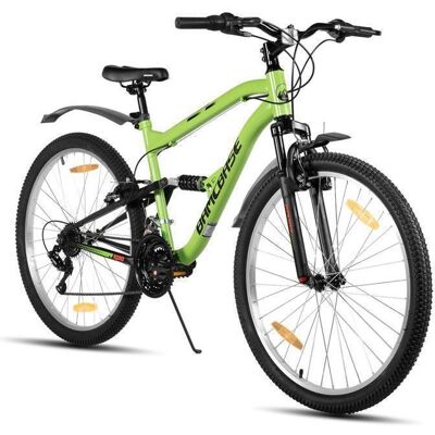 VTT tout suspendu - HILAND - 26 pouces - 18 vitesses - double suspension - idéal pour les trajets urbains et le tout-terrain - vert Vert - Publicité VTT tout suspendu - HILAND - 26 pouces - 18 vitesses - double suspension - idéal pour les trajets urbains et le tout-terrain - vert Vert - Publicité