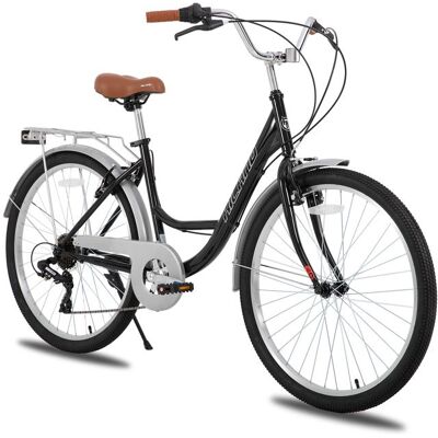 Vélo de ville - HILAND - 26 pouces - 7 vitesses - Cadre bas acier - Porte-bagages et garde-boue Noir - Publicité Vélo de ville - HILAND - 26 pouces - 7 vitesses - Cadre bas acier - Porte-bagages et garde-boue Noir - Publicité