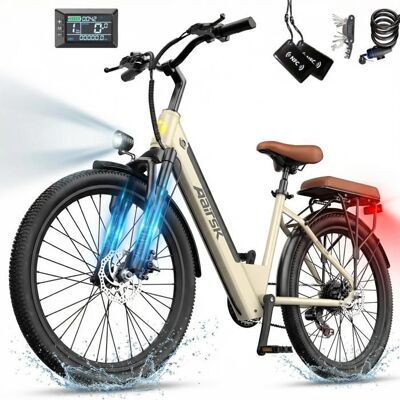 Vélo Électrique 26Batterie amovible 36V13Ah-250W VVT Autonomie 40-60 km Shimano 7 vitesses-Avec des étagères-Ebike Mairide S600 Beige - Publicité Vélo Électrique 26Batterie amovible 36V13Ah-250W VVT Autonomie 40-60 km Shimano 7 vitesses-Avec des étagères-Ebike Mairide S600 Beige - Publicité