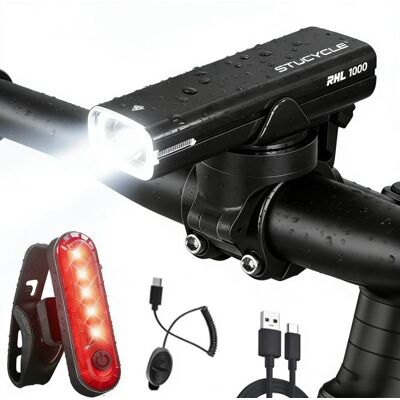 OEM Lampe Vélo Rechargeable Lumiere Velo IPX6 Étanche 1000 Lumens 4 modes Éclairage Vélo avec Avertisseur Sonore & Feu Arrière Noir - Publicité OEM Lampe Vélo Rechargeable Lumiere Velo IPX6 Étanche 1000 Lumens 4 modes Éclairage Vélo avec Avertisseur Sonore & Feu Arrière Noir - Publicité