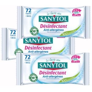 Lot de 3 Lingettes-72*3 Lingettes Désinfectantes Multi-usages Anti-allergènes SANYTOL - Publicité Lot de 3 Lingettes-72*3 Lingettes Désinfectantes Multi-usages Anti-allergènes SANYTOL - Publicité