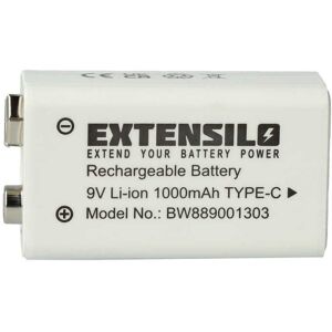 EXTENSILO Pile bloc batterie 9V pour divers appareils (1Ah 9V Li-ion) prête à lemploi avec USB-C Noir - Publicité EXTENSILO Pile bloc batterie 9V pour divers appareils (1Ah 9V Li-ion) prête à lemploi avec USB-C Noir - Publicité