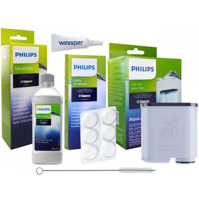 KIT DE MACHINE CAFE PHILIPS SAECO: CA6903 FILTRE A EAU CA6700 CALCIFICATEUR CA6704 TABLETTES WESSPER NETTOYEUR ET GRAISSE Vert - Publicité KIT DE MACHINE CAFE PHILIPS SAECO: CA6903 FILTRE A EAU CA6700 CALCIFICATEUR CA6704 TABLETTES WESSPER NETTOYEUR ET GRAISSE Vert - Publicité