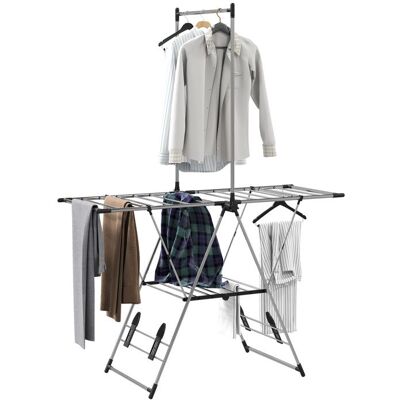 Séchoir à linge - HOMCOM - pliable - ailes réglables 5 niveaux 4 supports à chaussures - acier inoxydable - 139x62 5x201cm - argenté Gris - Publicité Séchoir à linge - HOMCOM - pliable - ailes réglables 5 niveaux 4 supports à chaussures - acier inoxydable - 139x62 5x201cm - argenté Gris - Publicité