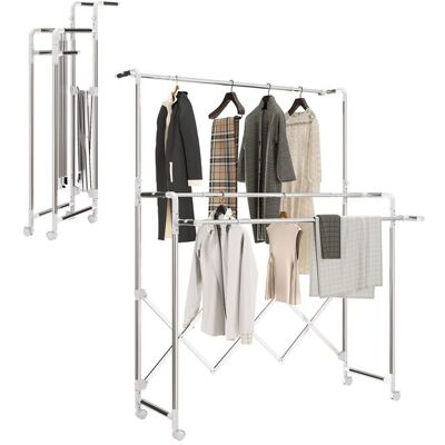 Séchoir à linge - HOMCOM - pliable intérieur - 3 barres réglables et 4 roulettes - acier inoxydable - 104-150x103x145-197cm - argent Gris - Publicité Séchoir à linge - HOMCOM - pliable intérieur - 3 barres réglables et 4 roulettes - acier inoxydable - 104-150x103x145-197cm - argent Gris - Publicité