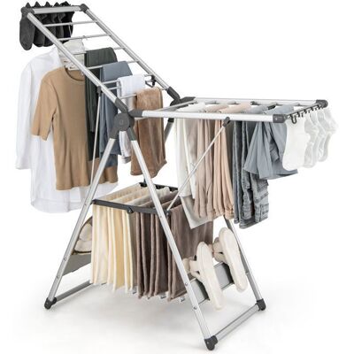 Étendoir à Linge COSTWAY Pliable - Cadre en Alu 21 Barres à 2 Niveaux - 10 Clips Latéraux pour Chaussettes 4 Porte-chaussures Gris - Publicité Étendoir à Linge COSTWAY Pliable - Cadre en Alu 21 Barres à 2 Niveaux - 10 Clips Latéraux pour Chaussettes 4 Porte-chaussures Gris - Publicité