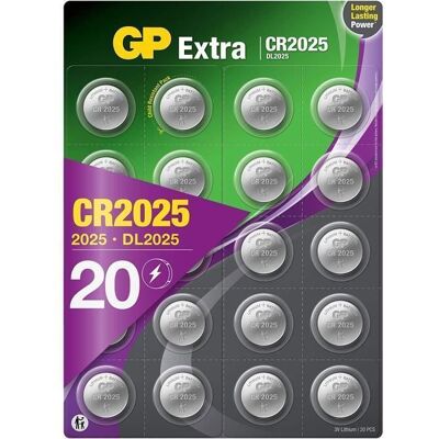 Piles CR2025 - Lot de 20 Piles GP Extra Batteries CR 2025 Lithium 3v - Longue durée et Haute Performance pour clés de voiture - Publicité Piles CR2025 - Lot de 20 Piles GP Extra Batteries CR 2025 Lithium 3v - Longue durée et Haute Performance pour clés de voiture - Publicité
