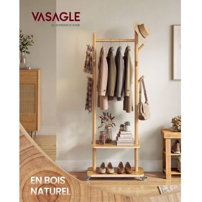 VASAGLE Porte manteau en Bois 1 Tringle 2 Étagères et 7 Crochets Roulettes Amovibles pour Entrée Chambre Couleur Naturelle Jaune - Publicité VASAGLE Porte manteau en Bois 1 Tringle 2 Étagères et 7 Crochets Roulettes Amovibles pour Entrée Chambre Couleur Naturelle Jaune - Publicité