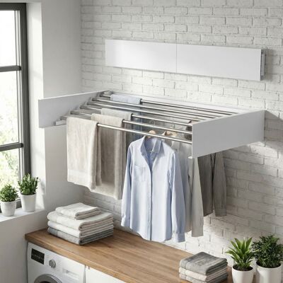 SONGMICS Étendoir Mural Rabattable 6 Tringles en Alliage d’Aluminium Buanderie Intérieur Extérieur 100 cm Blanc Blanc - Publicité SONGMICS Étendoir Mural Rabattable 6 Tringles en Alliage d’Aluminium Buanderie Intérieur Extérieur 100 cm Blanc Blanc - Publicité