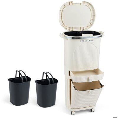 Poubelle de Cuisine 42L COSTWAY à Pédale et Roulettes - 3 Compartiment Tri Selectif et 1 Tiroir Central Amovible Beige - Publicité Poubelle de Cuisine 42L COSTWAY à Pédale et Roulettes - 3 Compartiment Tri Selectif et 1 Tiroir Central Amovible Beige - Publicité