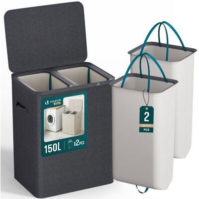 VOUNOT® Panier à linge 150L avec couvercle et 2 sacs amovibles auto-ajustable - 2 compartiments - Anthracite Gris - Publicité VOUNOT® Panier à linge 150L avec couvercle et 2 sacs amovibles auto-ajustable - 2 compartiments - Anthracite Gris - Publicité