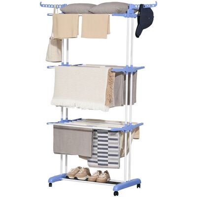 Séchoir étendoir à linge HOMCOM sur roulette pliable cadre en acier ailes latérales intérieure et extérieure 3 niveaux bleu argent Bleu - Publicité Séchoir étendoir à linge HOMCOM sur roulette pliable cadre en acier ailes latérales intérieure et extérieure 3 niveaux bleu argent Bleu - Publicité