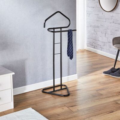 Idimex Valet de chambre valet de nuit CAMILO chevalet de nuit avec cintre pour veste et portant pour pantalons en métal laqué noir Noir - Publicité Idimex Valet de chambre valet de nuit CAMILO chevalet de nuit avec cintre pour veste et portant pour pantalons en métal laqué noir Noir - Publicité
