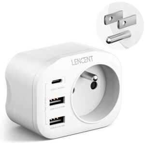 Adaptateur Prise France vers Prise USA/Canada/Mexique - LENCENT - 1AC+3USB - 3750W Blanc - Publicité Adaptateur Prise France vers Prise USA/Canada/Mexique - LENCENT - 1AC+3USB - 3750W Blanc - Publicité