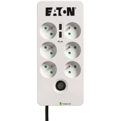 Multiprise/Parafoudre - EATON Protection Box 6 Tel USB FR - PB6TUF - 6 prises FR + 1 prise tel/RJ + 2 ports USB - Blanc & Noir - Publicité Multiprise/Parafoudre - EATON Protection Box 6 Tel USB FR - PB6TUF - 6 prises FR + 1 prise tel/RJ + 2 ports USB - Blanc & Noir - Publicité