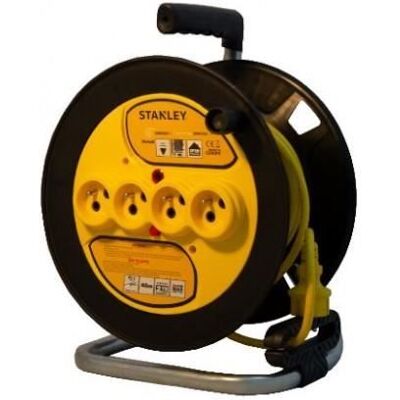 Enrouleur prolongateur - STANLEY - 6357 - 25m - 4 prises - Disjoncteur thermique Blanc - Publicité Enrouleur prolongateur - STANLEY - 6357 - 25m - 4 prises - Disjoncteur thermique Blanc - Publicité