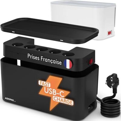 ACROPAQ Boite cache cable compatible France- cache multiprise avec multiprise intégrée- USB-A et USB-C- Rangement cable- 2500W- Noir - Publicité ACROPAQ Boite cache cable compatible France- cache multiprise avec multiprise intégrée- USB-A et USB-C- Rangement cable- 2500W- Noir - Publicité