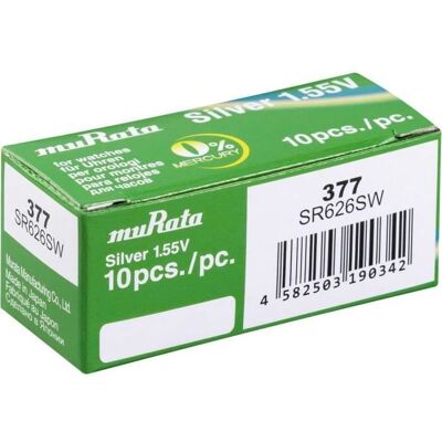 Murata SR626SW-PBWW Pile bouton 377 oxyde dargent 26 mAh 1.55 V 10 pc(s) - Publicité Murata SR626SW-PBWW Pile bouton 377 oxyde dargent 26 mAh 1.55 V 10 pc(s) - Publicité