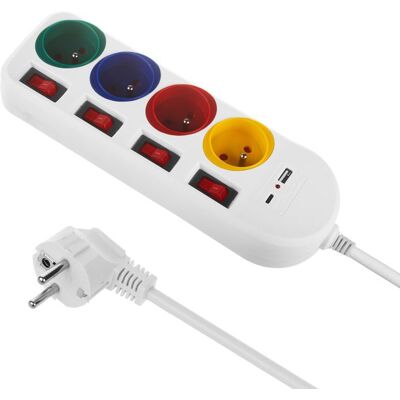 Multiprise Maclean - 4 Prises + USB, Interrupteurs, 250Vac/10A - Publicité Multiprise Maclean - 4 Prises + USB, Interrupteurs, 250Vac/10A - Publicité