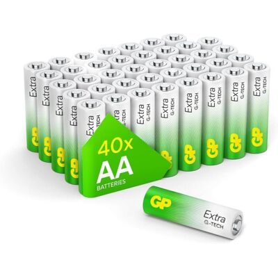 Piles AA - Lot de 40 Piles GP Extra Batteries Alcalines AA LR6 15v - Longue durée Blanc - Publicité Piles AA - Lot de 40 Piles GP Extra Batteries Alcalines AA LR6 15v - Longue durée Blanc - Publicité