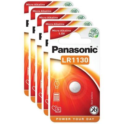 Panasonic Lot de 5 Piles Bouton Cell Power LR54 (LR1130) Alcaline manganese 15V 65 mAh - Publicité Panasonic Lot de 5 Piles Bouton Cell Power LR54 (LR1130) Alcaline manganese 15V 65 mAh - Publicité