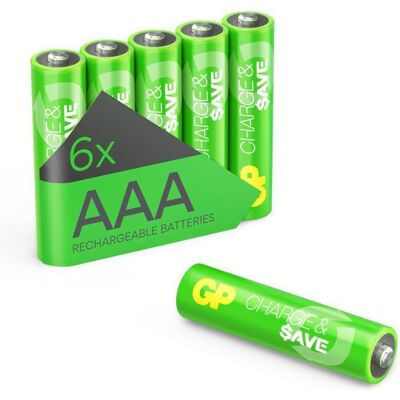 Piles Rechargeables AAA NiMh 650 mAh - Lot de 6 GP Charge & Save Préchargées Longue durée - pour Lampes Accessoires PC Jouets - Publicité Piles Rechargeables AAA NiMh 650 mAh - Lot de 6 GP Charge & Save Préchargées Longue durée - pour Lampes Accessoires PC Jouets - Publicité