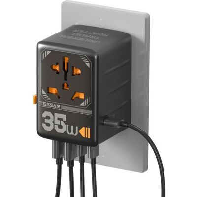 Adaptateur de voyage universel TESSAN 35W GaN avec charge rapide USB C adaptateur de prise international pour prise UE/UK/USA/AUS Noir - Publicité Adaptateur de voyage universel TESSAN 35W GaN avec charge rapide USB C adaptateur de prise international pour prise UE/UK/USA/AUS Noir - Publicité
