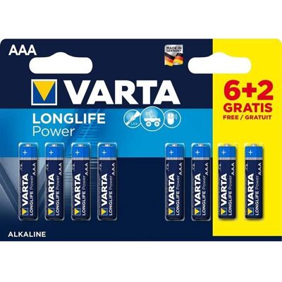 Piles alcaline Varta - Pile Alcaline - AAA x 6 + 2 Gratuites - Long Life Power- High Energy (LR03) 2585 - Publicité Piles alcaline Varta - Pile Alcaline - AAA x 6 + 2 Gratuites - Long Life Power- High Energy (LR03) 2585 - Publicité