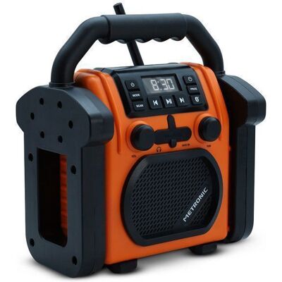 METRONIC 477227 Radio de Chantier FM Bluetooth - Batterie Rechargeable Secours - Résiste Chocs poussières éclaboussures - Orange Orange - Publicité METRONIC 477227 Radio de Chantier FM Bluetooth - Batterie Rechargeable Secours - Résiste Chocs poussières éclaboussures - Orange Orange - Publicité