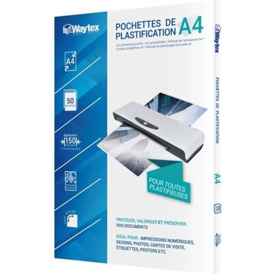 WAYTEX Pack 50 feuilles de plastification A4 75 microns finition brillante transparente - Publicité WAYTEX Pack 50 feuilles de plastification A4 75 microns finition brillante transparente - Publicité