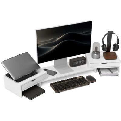 Rehausseur écran PC bureau - HOMCOM - 60-116 cm - 2 tiroirs - longueur et angle réglables - blanc Blanc - Publicité Rehausseur écran PC bureau - HOMCOM - 60-116 cm - 2 tiroirs - longueur et angle réglables - blanc Blanc - Publicité