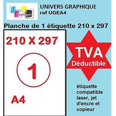 UNIVERS GRAPHIQUE 100 feuilles A4 papier adhésif blanc Étiquette autocollante 210 x 297 mm planche adhésive permanente de 1 etiquette pour imprimante - Publicité UNIVERS GRAPHIQUE 100 feuilles A4 papier adhésif blanc Étiquette autocollante 210 x 297 mm planche adhésive permanente de 1 etiquette pour imprimante - Publicité