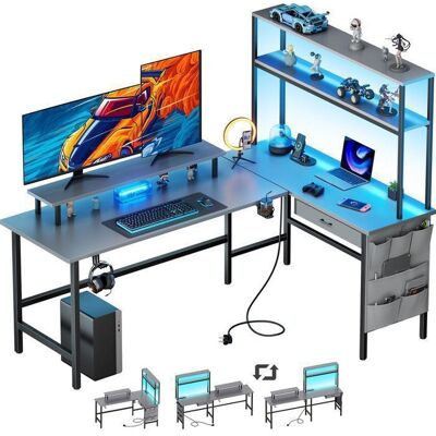 HLONONE Bureau dangle avec Rangement 170 x 100 cm Bureau Gaming en L avec Prise Intégrée & LED Support de Moniteur Gris Gris - Publicité HLONONE Bureau dangle avec Rangement 170 x 100 cm Bureau Gaming en L avec Prise Intégrée & LED Support de Moniteur Gris Gris - Publicité